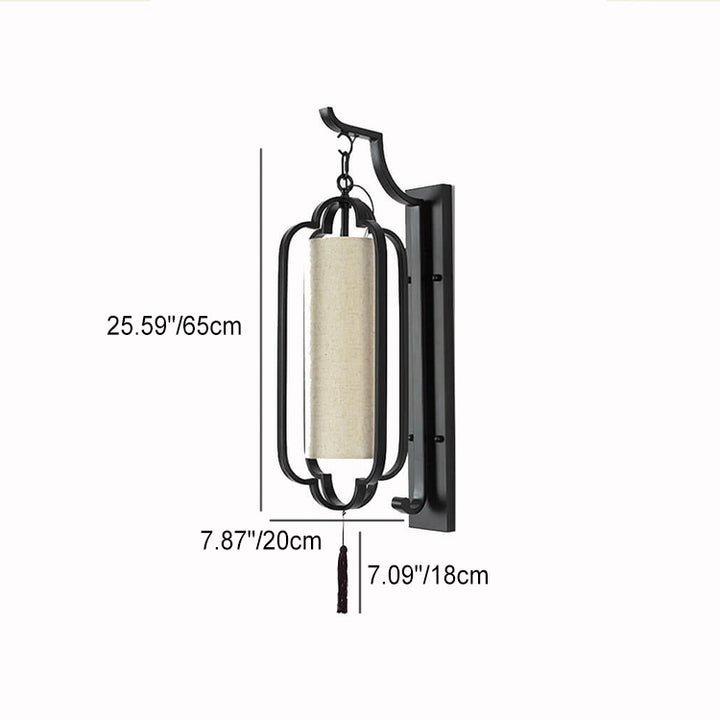 Chinese Vintage Iron Frame Tassel Fabric Cylindrical Shade 1-Light Wall Sconce Lamp