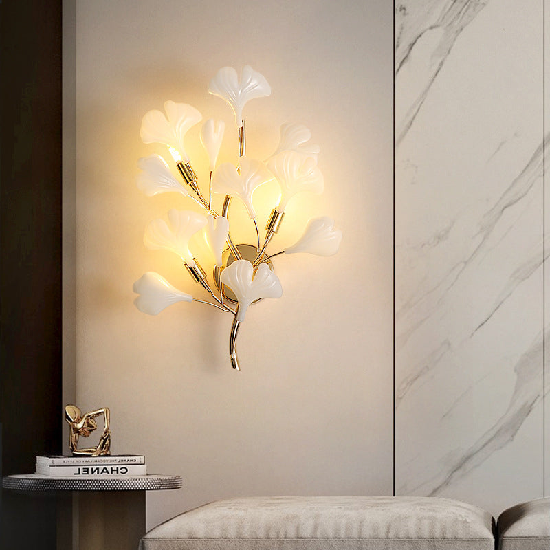 Applique murale contemporaine créative en feuille de ginkgo en fer plastique porcelaine 2/3 lumières pour salon 