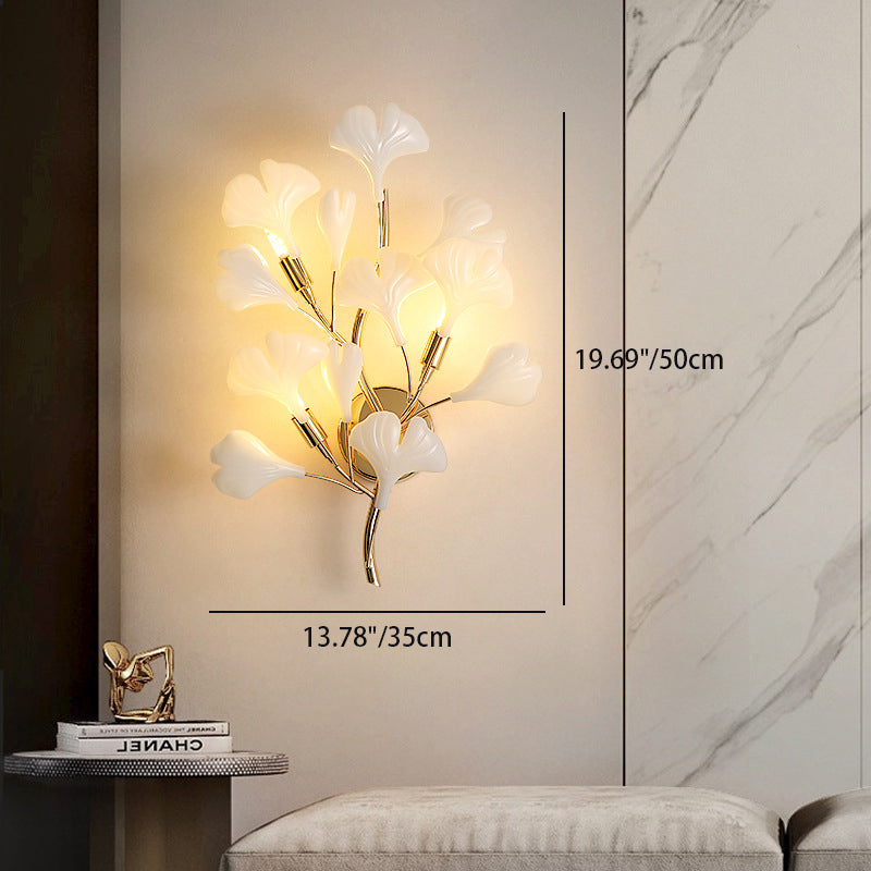 Applique murale contemporaine créative en feuille de ginkgo en fer plastique porcelaine 2/3 lumières pour salon 