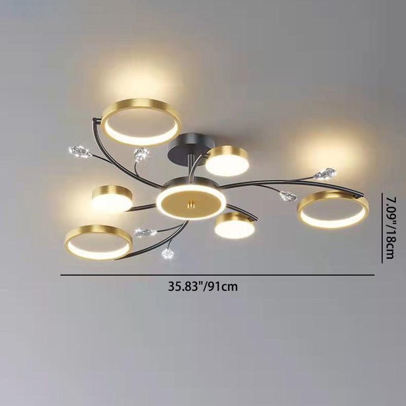 Moderne Luxus-Zweig Runde Hardware Eisen Acryl Kristall Silikon LED Semi-Flush Mount Deckenleuchte für Wohnzimmer 