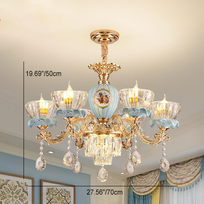 Traditional European Flower Candelabra Zinc Alloy Crystal Glass Ceramic 6/8/10/12-Light Chandelier For Living Room