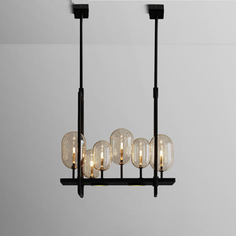 Zeitgenössischer kreativer rechteckiger Kugel-Eisen-Hardware-Glas-6-Licht-LED-Insel-Licht-Kronleuchter für Wohnzimmer 