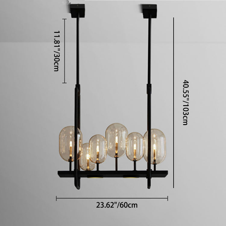 Zeitgenössischer kreativer rechteckiger Kugel-Eisen-Hardware-Glas-6-Licht-LED-Insel-Licht-Kronleuchter für Wohnzimmer 