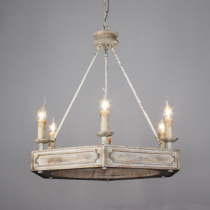 Chandelier hexagonal en fer à 6 lumières avec poutre en bois sculptée blanche rustique traditionnelle pour salon