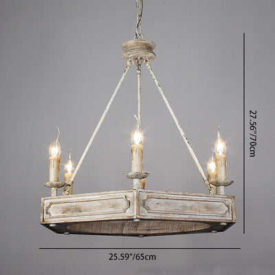 Chandelier hexagonal en fer à 6 lumières avec poutre en bois sculptée blanche rustique traditionnelle pour salon 