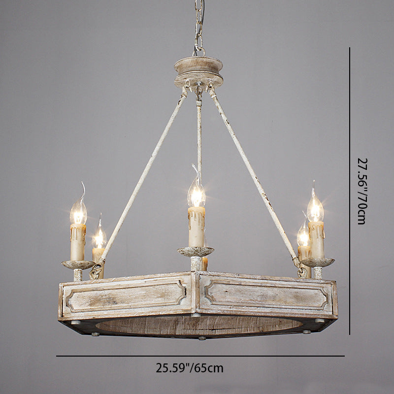 Chandelier hexagonal en fer à 6 lumières avec poutre en bois sculptée blanche rustique traditionnelle pour salon 