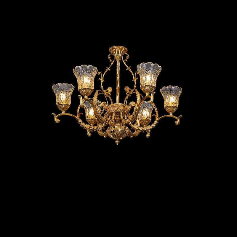 Lustre à 6 lumières en verre et cuivre avec branche de feuilles florales traditionnelles françaises pour chambre 