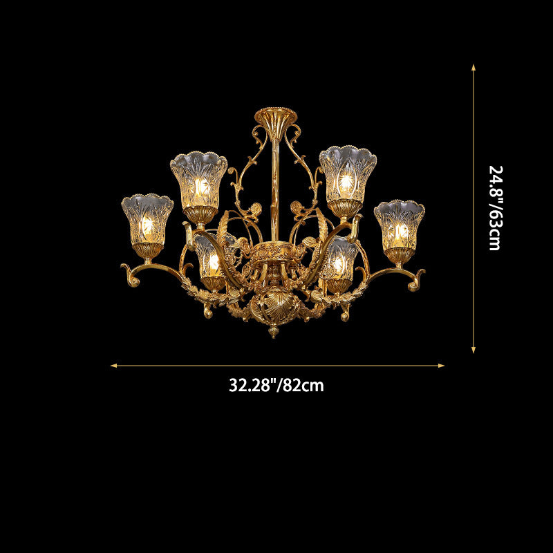 Traditioneller französischer Kronleuchter mit Blumenblattzweig, Glas und Kupfer, 6 Lichter für Schlafzimmer 
