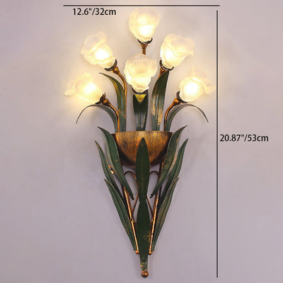 Zeitgenössische kreative Tulpen-Milchglas-Schirm-Eisen-Rahmen 6-Licht-Wandleuchte Lampe für Wohnzimmer 