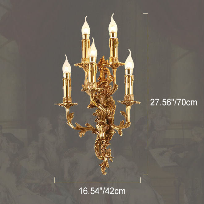 Traditional French Copper Candle Carved 5-Light Wall Sconce Lamp For Living Room