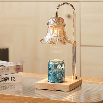 Modern Art Deco Floral Glass Metal Wood 1-Light Melting Wax Table Lamp For Bedroom