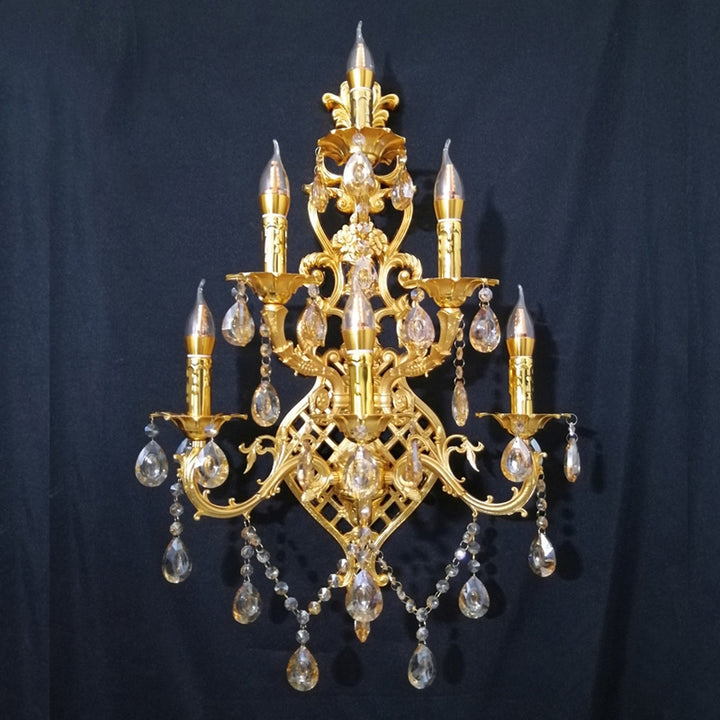 Traditionelle europäische Zweig Teardrop Zinklegierung Kristallglas 6-Licht Wandleuchte Lampe für Wohnzimmer 