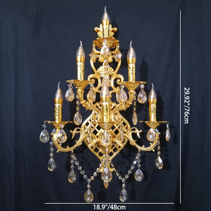 Traditionelle europäische Zweig Teardrop Zinklegierung Kristallglas 6-Licht Wandleuchte Lampe für Wohnzimmer 