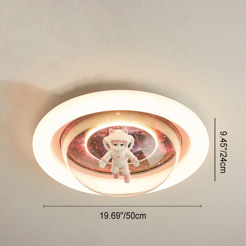 Contemporary Creative Cartoon Pink Astronaut Unicorn Round Acrylic Resin LED Flush Mount Ceiling Light For Bedroom