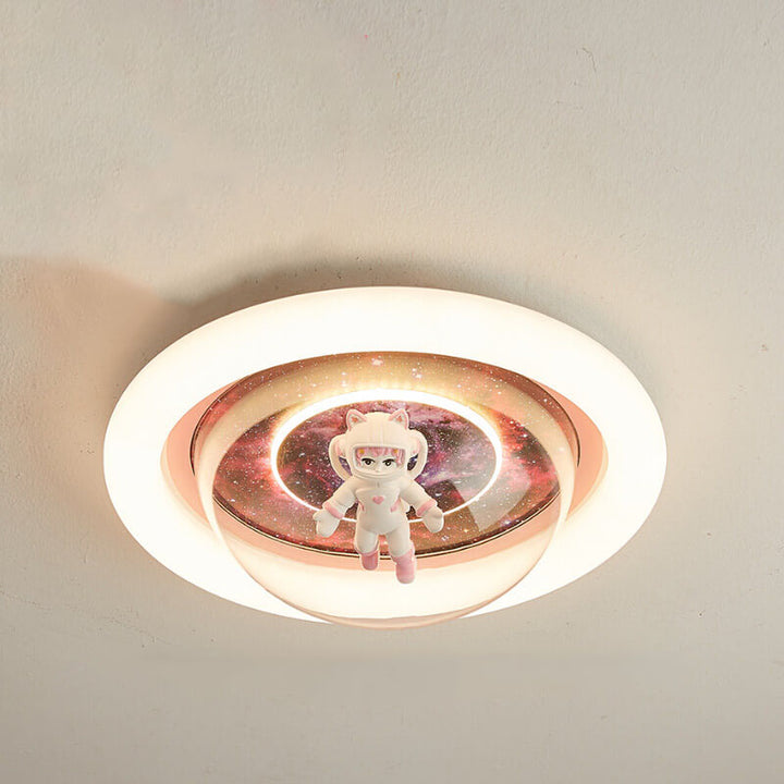 Contemporary Creative Cartoon Pink Astronaut Unicorn Round Acrylic Resin LED Flush Mount Ceiling Light For Bedroom