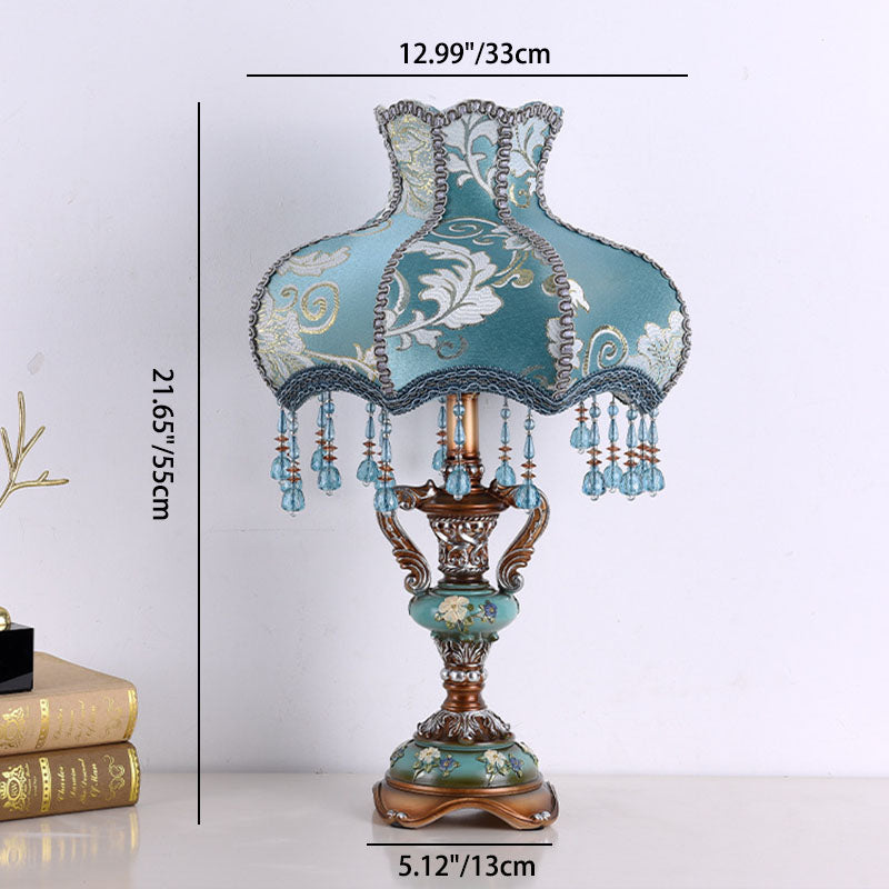 Traditionelle europäische blaue Stoffquaste Harz 1-Licht Tischlampe für Schlafzimmer 