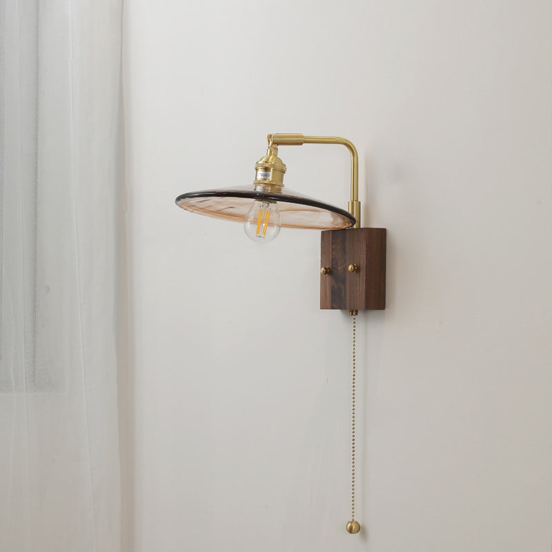 Traditional Vintage Full Copper Amber Glass Square Shade 1-Light Wall Sconce Lamp For Bedroom