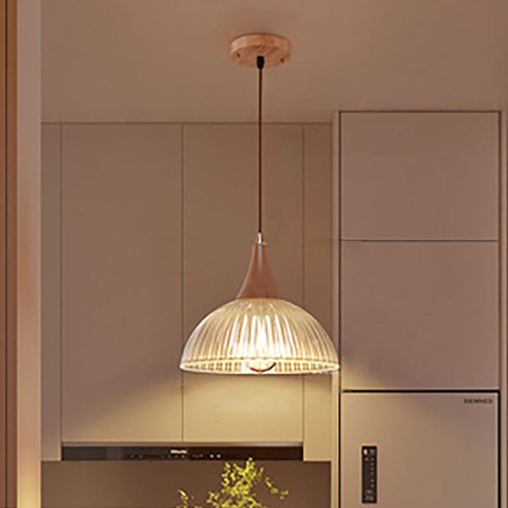 Zeitgenössische Retro Holz Vertikal Glas Runde Schatten 1-Licht Pendelleuchte für Wohnzimmer 