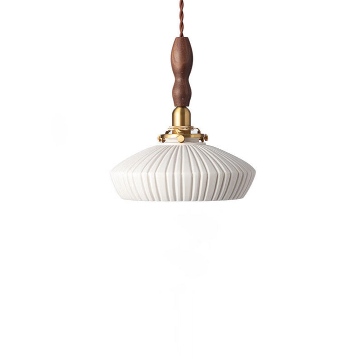 Lustre suspendu rond en céramique, laiton et noyer japonais traditionnel à 1 lumière pour salle à manger 