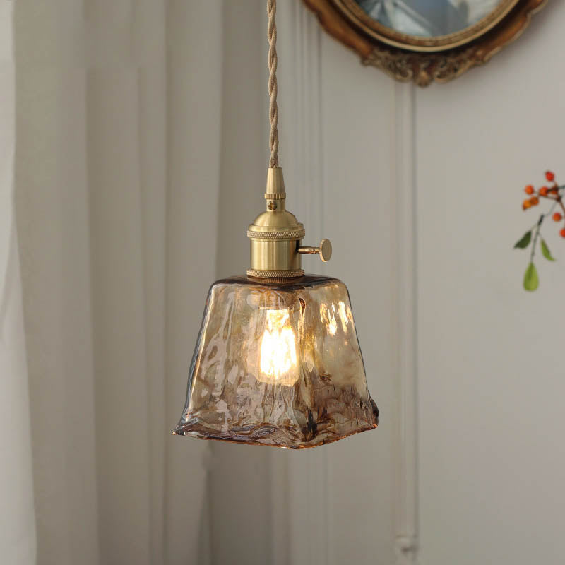 Modern Eclectic Amber Brass Glass Geometric Jar 1-Light Pendant Light For Living Room