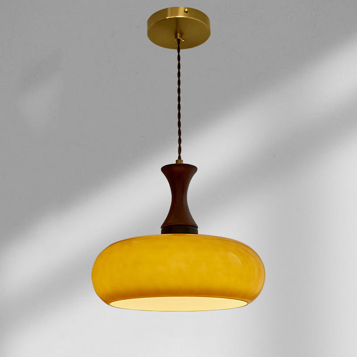 Zeitgenössische Retro Holz Eisen Glas Trommel Runde 1-Licht Pendelleuchte Für Esszimmer 