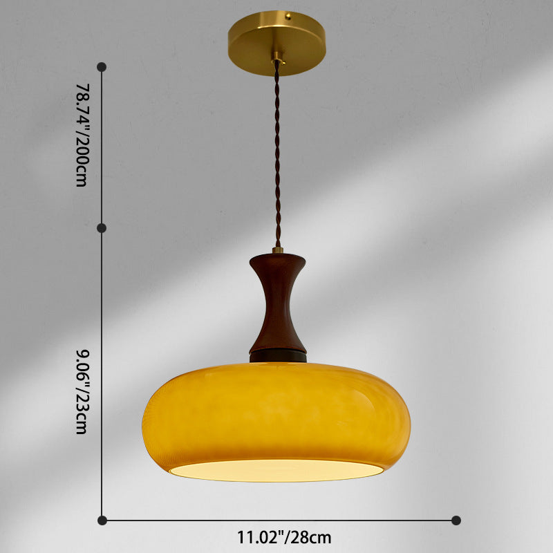 Zeitgenössische Retro Holz Eisen Glas Trommel Runde 1-Licht Pendelleuchte Für Esszimmer 