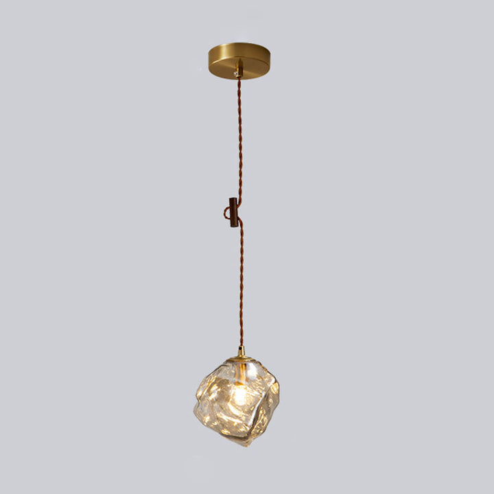 Traditional Vintage Irregular Ice Cube Shape Glass Aluminum Wood 1-Light Pendant Light For Living Room