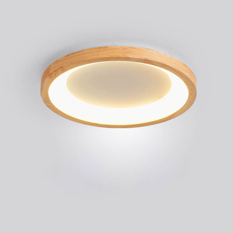 Contemporary Scandinavian Rubberwood Acrylic Log Circle Design LED Flush Mount Ceiling Light For Living Room