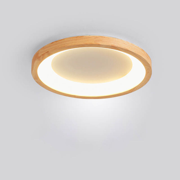 Contemporary Scandinavian Rubberwood Acrylic Log Circle Design LED Flush Mount Ceiling Light For Living Room