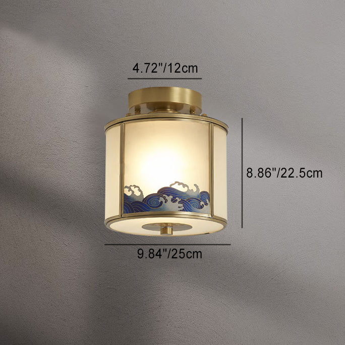 Plafonnier semi-encastré à 1 lumière en laiton et verre de style chinois traditionnel pour salon 