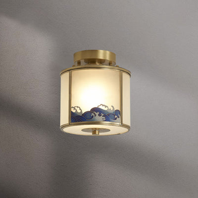 Plafonnier semi-encastré à 1 lumière en laiton et verre de style chinois traditionnel pour salon 