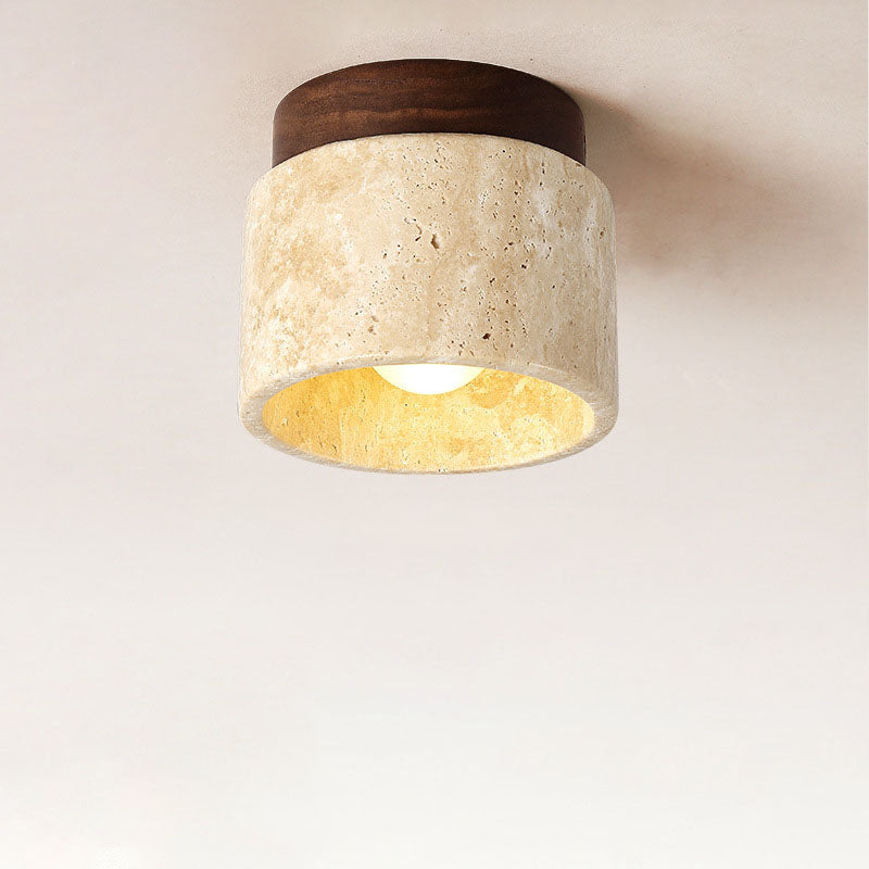 Modern Minimalist Cylinder Oval Dish Yellow Travertine 1-Light Semi-Flush Mount Ceiling Light For Living Room