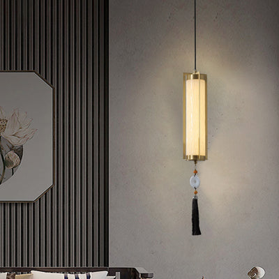 Traditional Chinese Copper Glass Cylinder Elliptical Hollow 1/3/6 Light Chandelier For Entryway