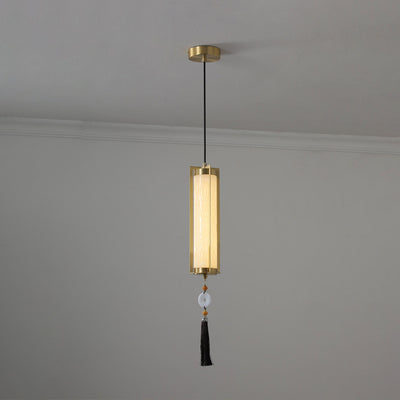 Traditional Chinese Copper Glass Cylinder Elliptical Hollow 1/3/6 Light Chandelier For Entryway