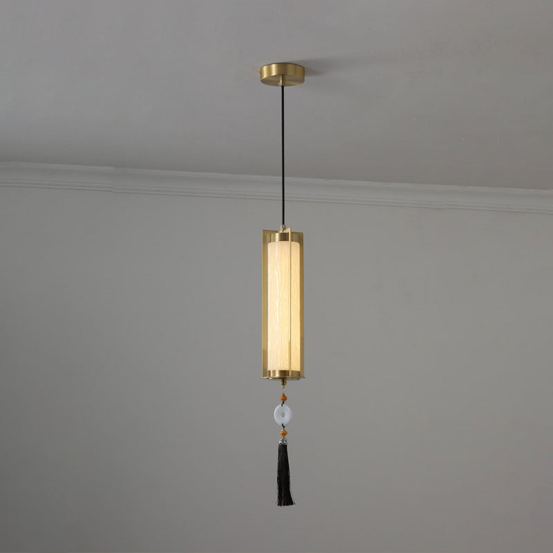 Traditional Chinese Copper Glass Cylinder Elliptical Hollow 1/3/6 Light Chandelier For Entryway