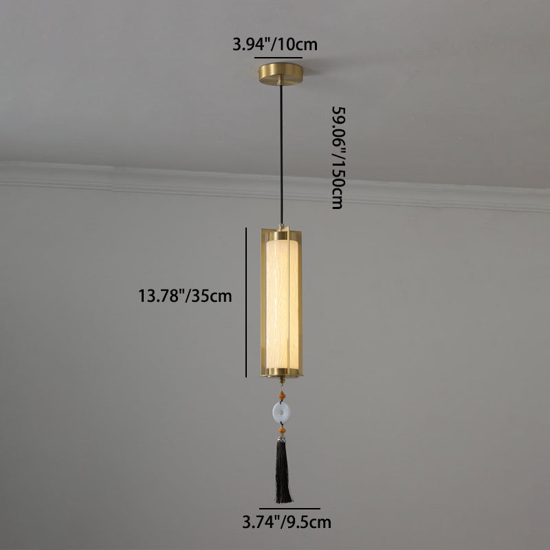Traditional Chinese Copper Glass Cylinder Elliptical Hollow 1/3/6 Light Chandelier For Entryway