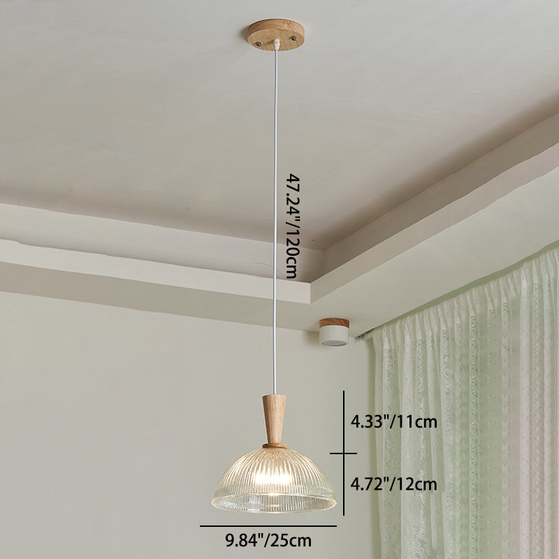 Suspension Luminaire Moderne Minimaliste Rond en Verre à Rayures en Dentelle avec Bois 1-Lumière pour Salon 