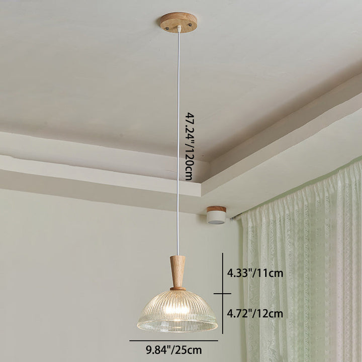 Suspension Luminaire Moderne Minimaliste Rond en Verre à Rayures en Dentelle avec Bois 1-Lumière pour Salon 