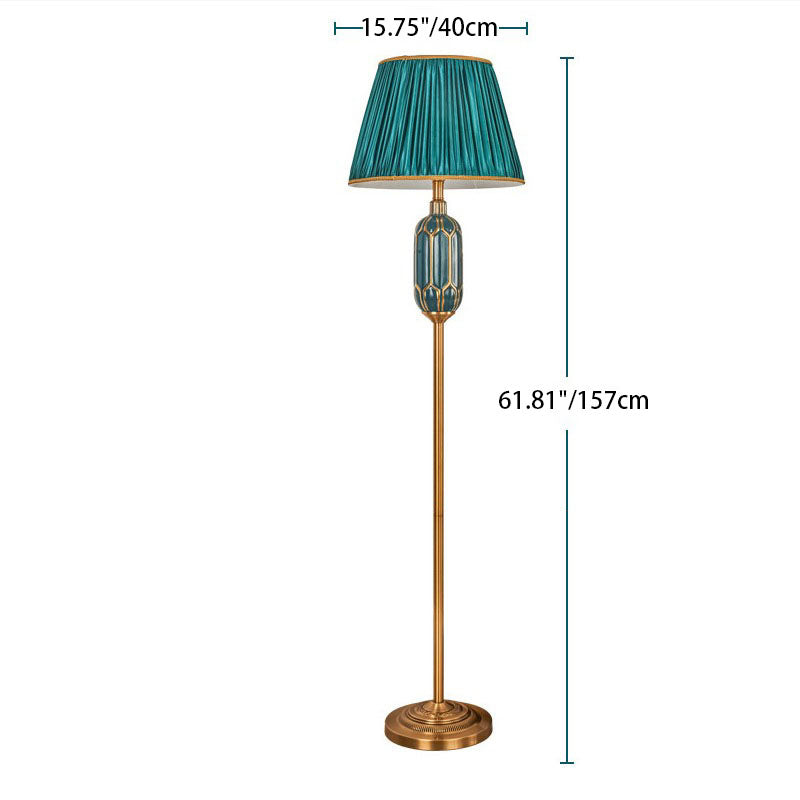 Traditional Vintage Trapezoid Fabric Shade Ceramic Iron Base 1-Light Standing Floor Lamp For Living Room