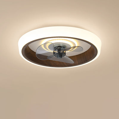 Modern Minimalist Round Wood Grain Aluminum Acrylic LED Flush Mount Ceiling Fan Light For Bedroom