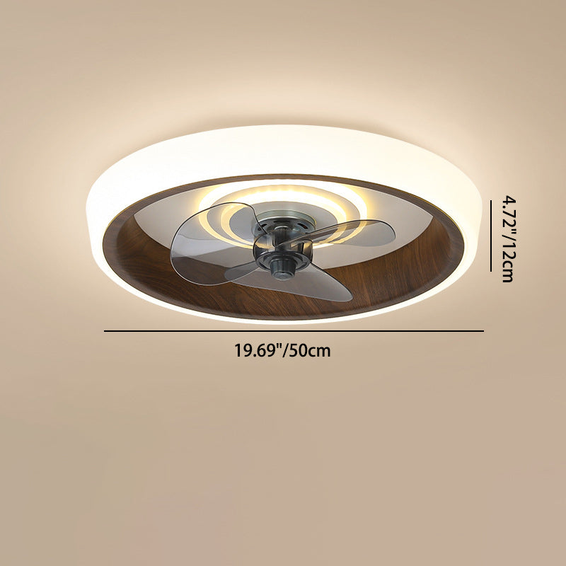 Modern Minimalist Round Wood Grain Aluminum Acrylic LED Flush Mount Ceiling Fan Light For Bedroom