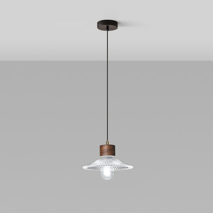 Traditional Chinese Iron Walnut Glass Conic Umbrella-Shaped 1-Light Pendant Light For Dining Room