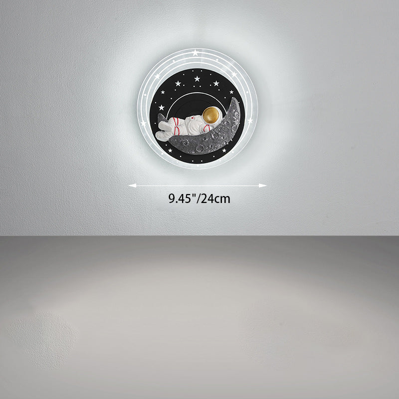 Lámpara de Aplique de Pared LED Redonda con Astronauta de Resina y Luna Estrellada Creativa Contemporánea para Sala de Estar 