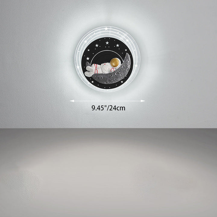 Lámpara de Aplique de Pared LED Redonda con Astronauta de Resina y Luna Estrellada Creativa Contemporánea para Sala de Estar 