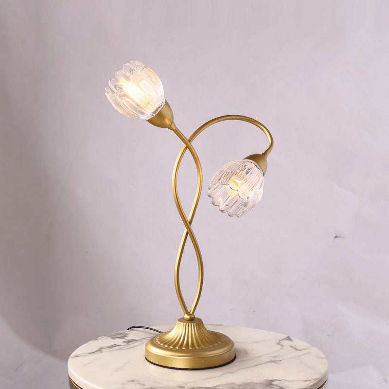 Moderne Art Deco Blumen Eisen Glas 2-Licht Tischlampe für Wohnzimmer 
