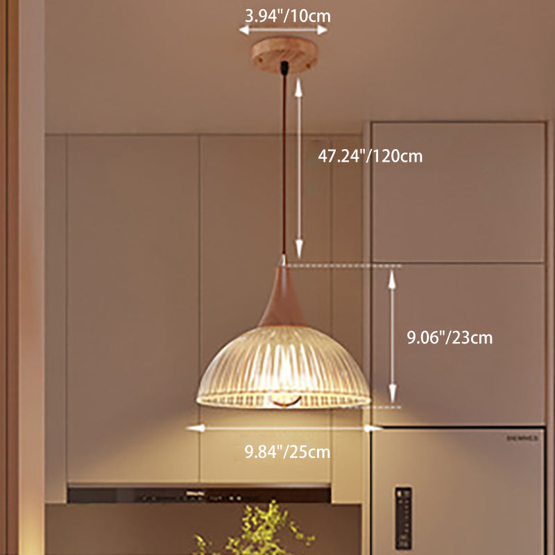 Zeitgenössische Retro Holz Vertikal Glas Runde Schatten 1-Licht Pendelleuchte für Wohnzimmer 