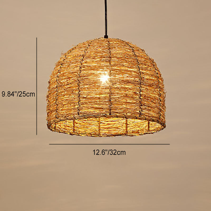 Suspension Luminaire à 1 Lumière en Rotin Rétro Tressé en Dôme 