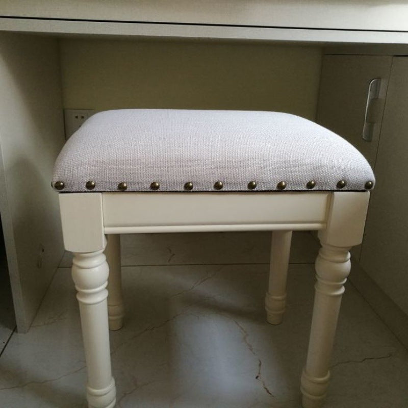 Tabouret de coiffeuse sans dossier ni accoudoirs en bois massif, cuir synthétique et lin carré scandinave contemporain pour chambre 