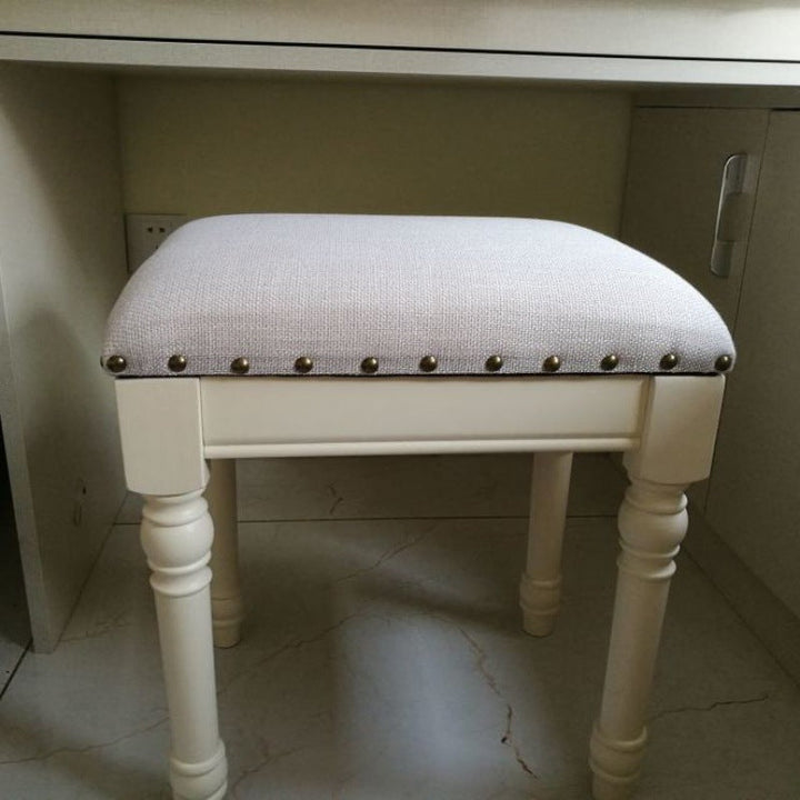 Tabouret de coiffeuse sans dossier ni accoudoirs en bois massif, cuir synthétique et lin carré scandinave contemporain pour chambre 