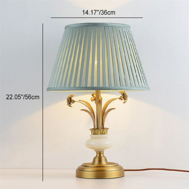 Lámpara de mesa de 1 luz con base de hoja de flor trapezoidal redonda minimalista moderna de latón y jade con pantalla de tela para dormitorio 